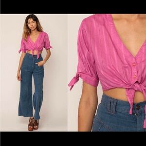 Crop Top Blouse Button Up Front Tie